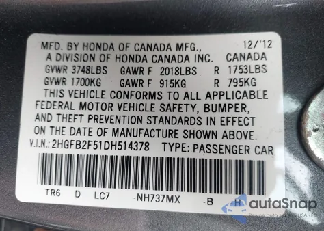 2013 Honda Civic Lx z USA, uszkodzony, nr VIN 2HGFB2F51DH514378